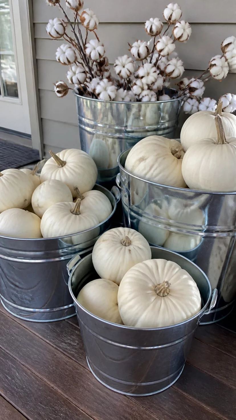 A super-realistic photo of several weathered galvanized steel buckets filled with white pumpkins and dried cotton stems sitting on a wooden porch, the metallic silver tones reflecting the sky, everyday social media post aesthetic, photorealistic, high-quality mobile photography, shot on an iPhone 14