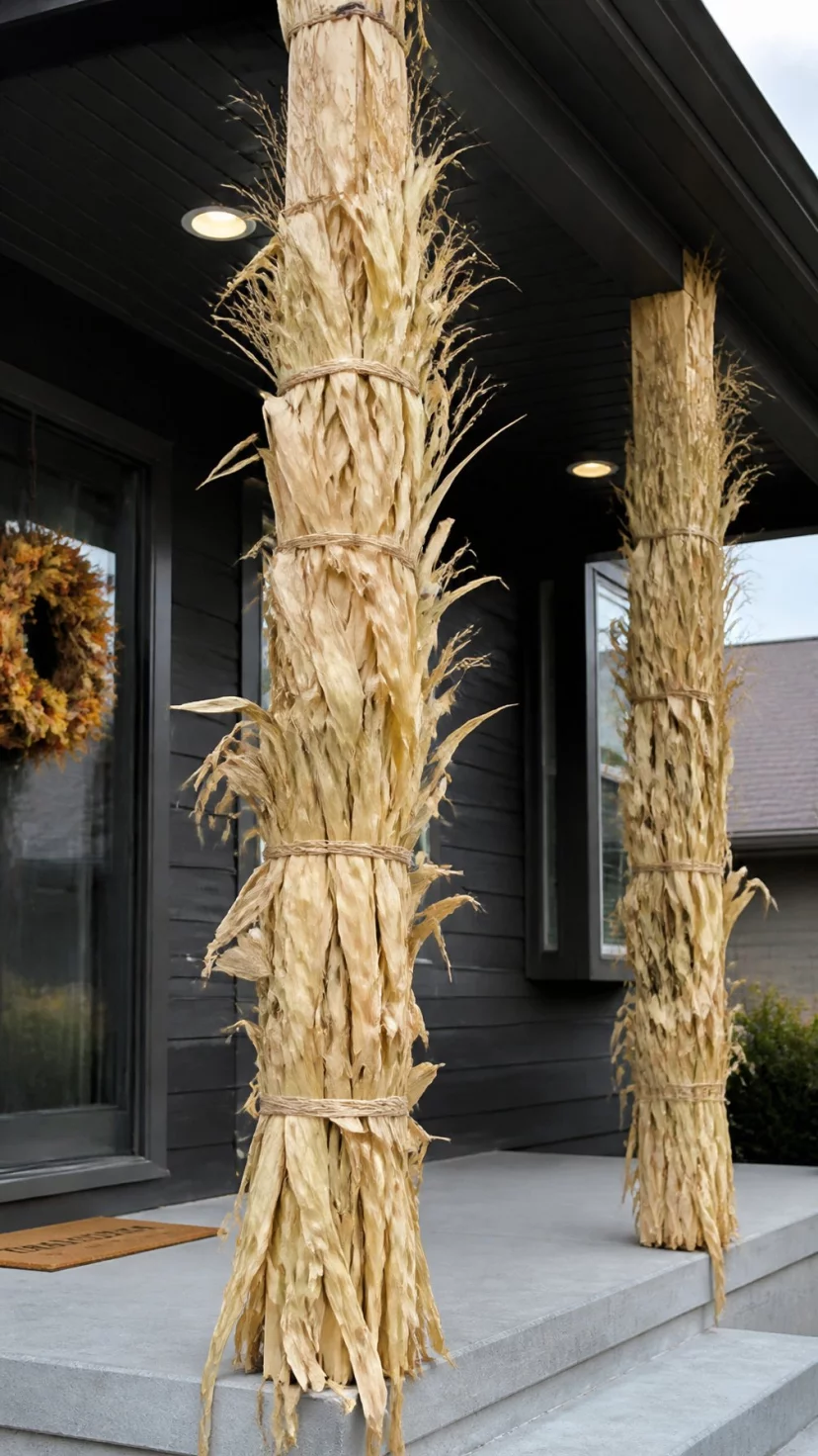 A super-realistic photo of a pair of porch columns wrapped in dried corn husks tied tightly with jute twine, the pale tan texture creating a vertical accent against a dark house exterior, everyday social media post aesthetic, photorealistic, high-quality mobile photography, shot on an iPhone 14