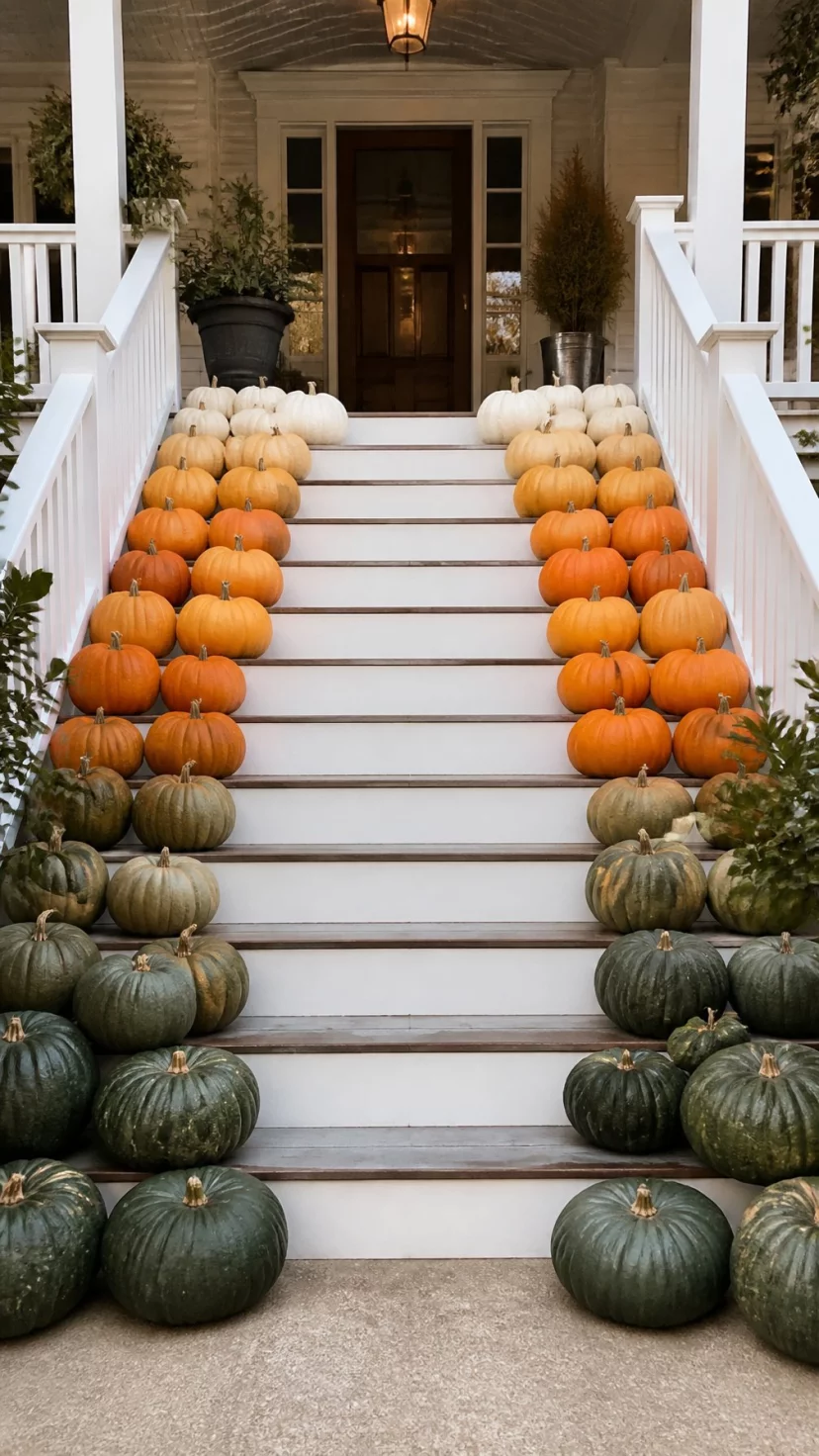 A super-realistic photo of a wide set of porch stairs where pumpkins transition colors from dark green at the bottom to soft orange and finally creamy white at the top near the door, creating a rainbow effect, everyday social media post aesthetic, photorealistic, high-quality mobile photography, shot on an iPhone 14