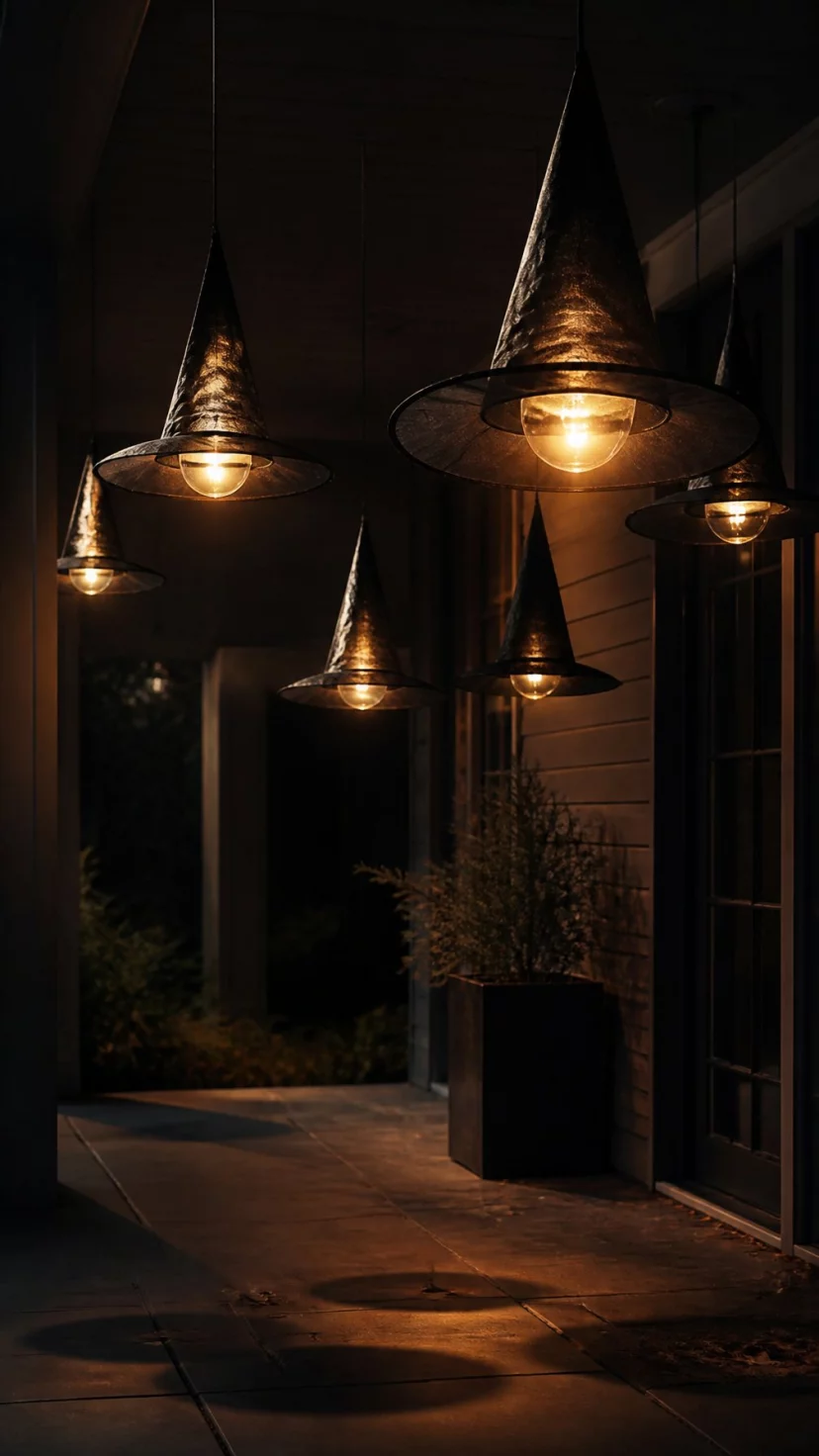 A super-realistic photo of a dark porch at night where several black pointed witch hats hang from invisible strings with glowing warm bulbs inside, casting shadows on the walls and floor, everyday social media post aesthetic, photorealistic, high-quality mobile photography, shot on an iPhone 14