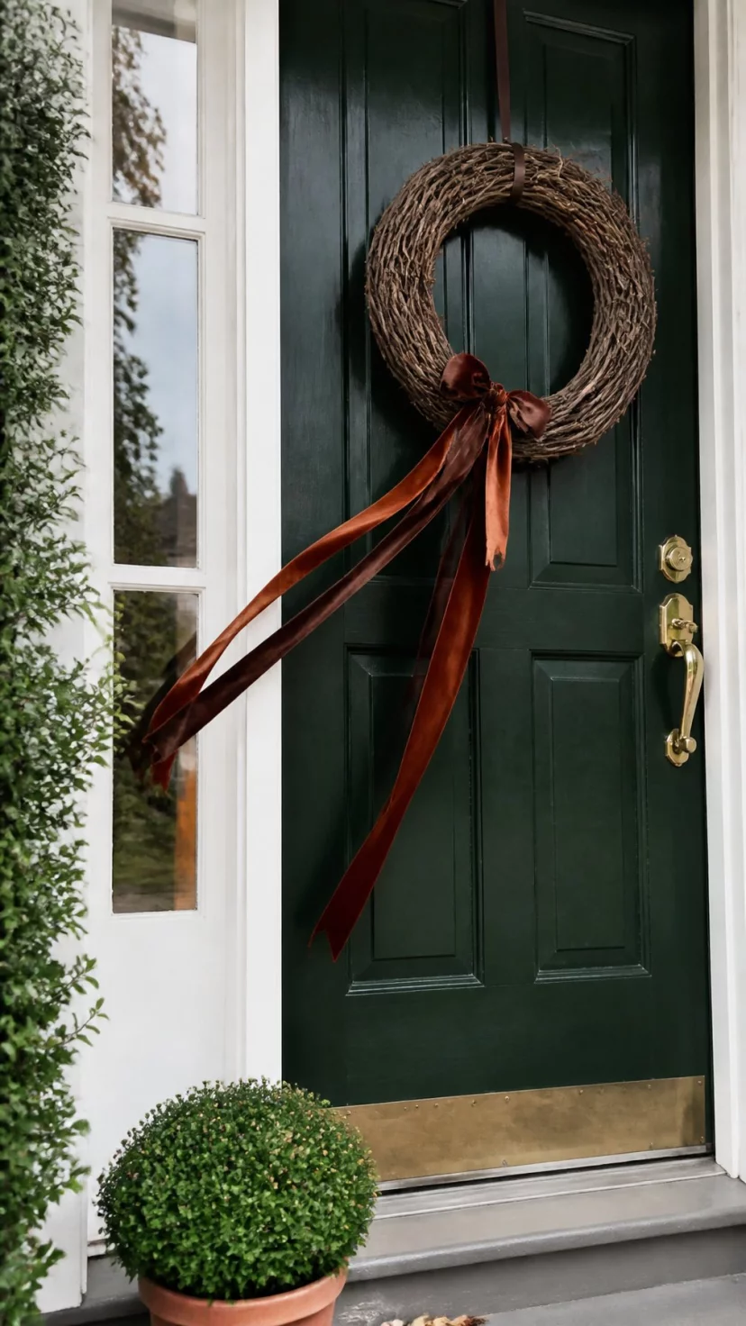 A super-realistic photo of a dark green front door with a simple grapevine wreath featuring long trailing velvet ribbons in shades of chocolate brown and burnt sienna blowing in the wind, the soft fabric contrasting with the rough wood, everyday social media post aesthetic, photorealistic, high-quality mobile photography, shot on an iPhone 14