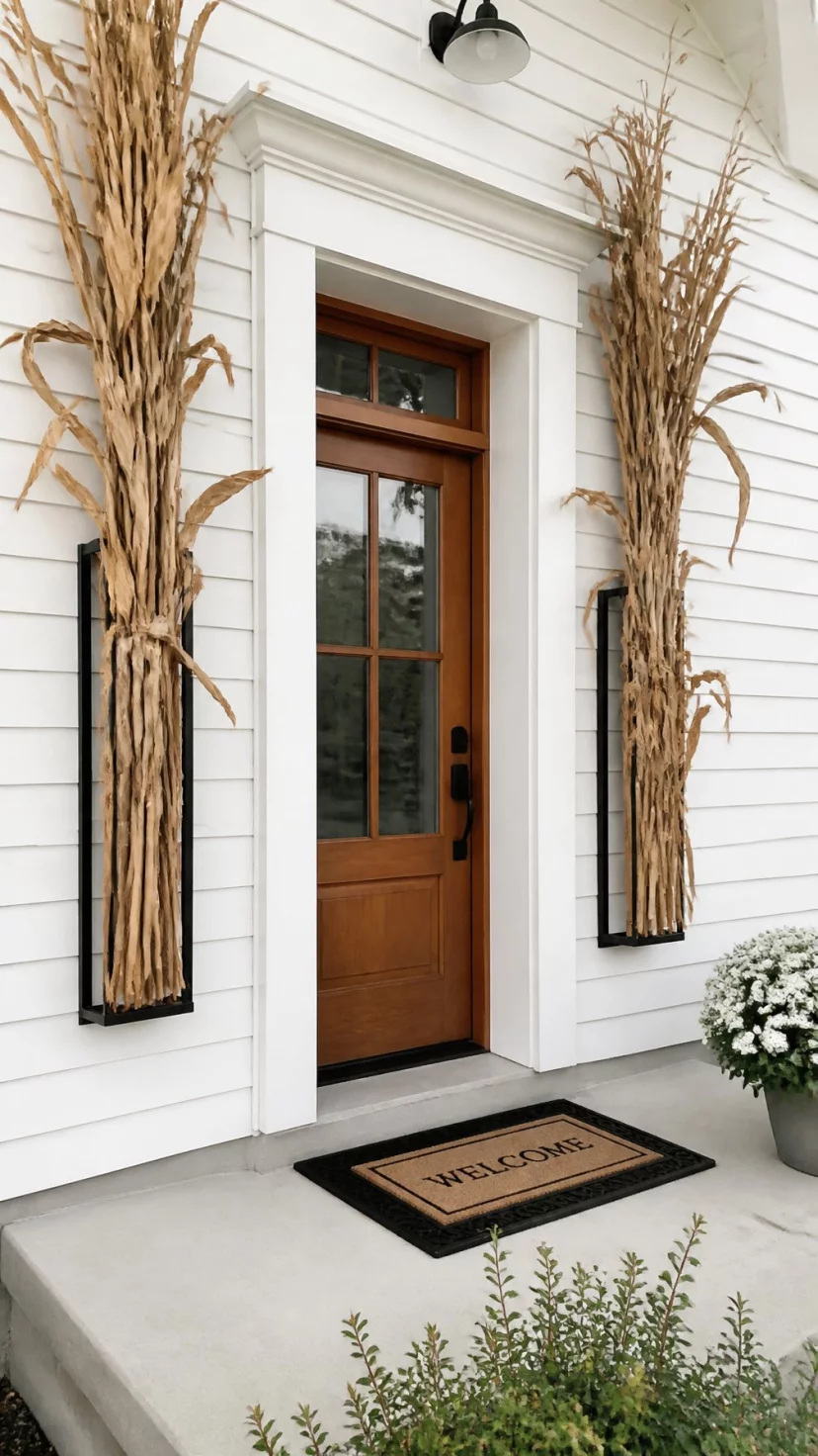 A super-realistic photo of a contemporary white house with tall dried corn stalks secured in sleek black metal wall brackets on either side of a wooden door, the vertical lines creating a dramatic frame against the siding, everyday social media post aesthetic, photorealistic, high-quality mobile photography, shot on an iPhone 14