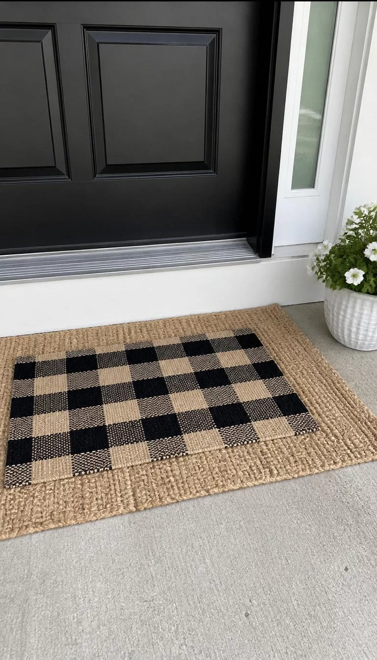 Layered Plaid And Jute Rugs A super-realistic photo of a porch floor showing a small patterned buffalo check rug layered on top of a larger chunky jute mat in front of a black door, everyday social media post aesthetic, photorealistic, high-quality mobile photography