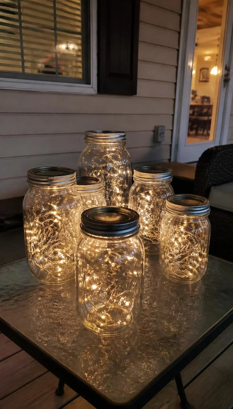 Copper String Lights In Glass Jars A super-realistic photo of several clear glass mason jars filled with tiny twinkling copper fairy lights sitting on a porch side table, everyday social media post aesthetic, photorealistic, high-quality mobile photography