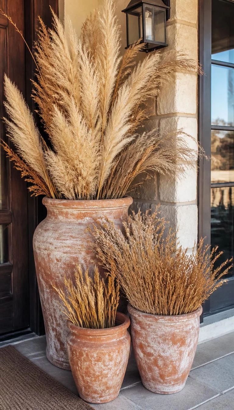 Terracotta Overload With Dried Grasses A super-realistic photo of a rustic front porch filled with weathered terracotta pots of different heights spilling over with golden pampas grass and dried wheat stalks, everyday social media post aesthetic, photorealistic, high-quality mobile photography, shot on an iPhone 14