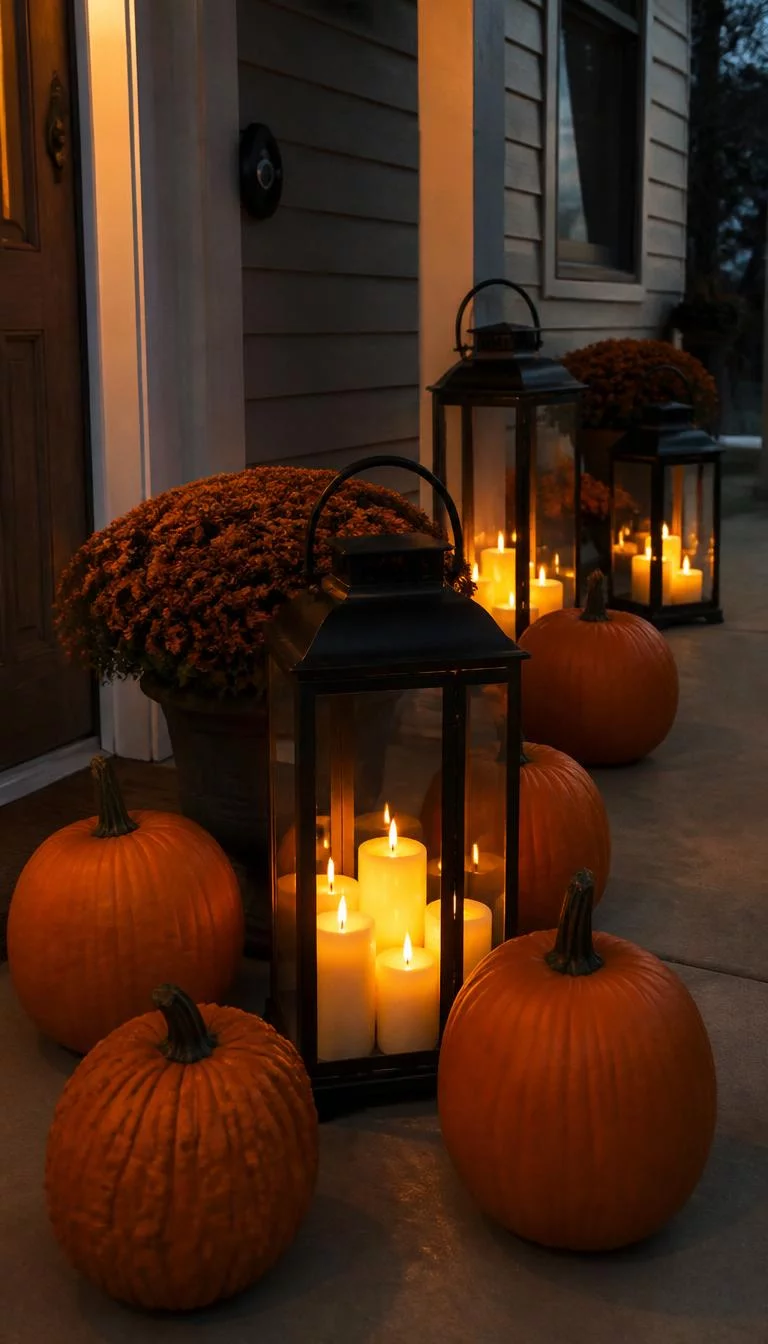 Moody Black Lanterns With Flameless Candles A super-realistic photo of a porch at dusk with several oversized black metal lanterns containing glowing LED candles nestled among orange pumpkins, everyday social media post aesthetic, photorealistic, high-quality mobile photography