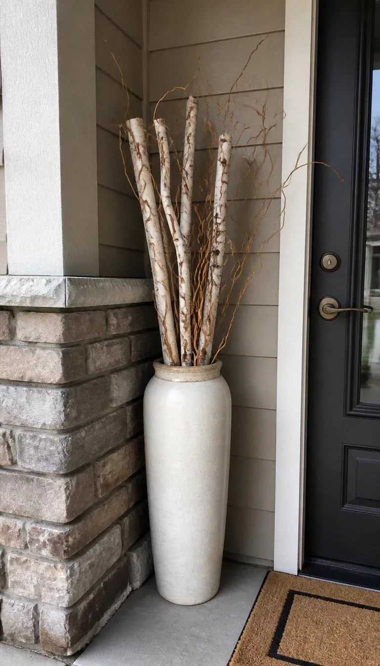 Natural Twig and Branch Bundles A super-realistic photo of the corner of a porch featuring a large ceramic tall vase filled with dry birch branches and curly willow twigs, everyday social media post aesthetic, photorealistic, high-quality mobile photography