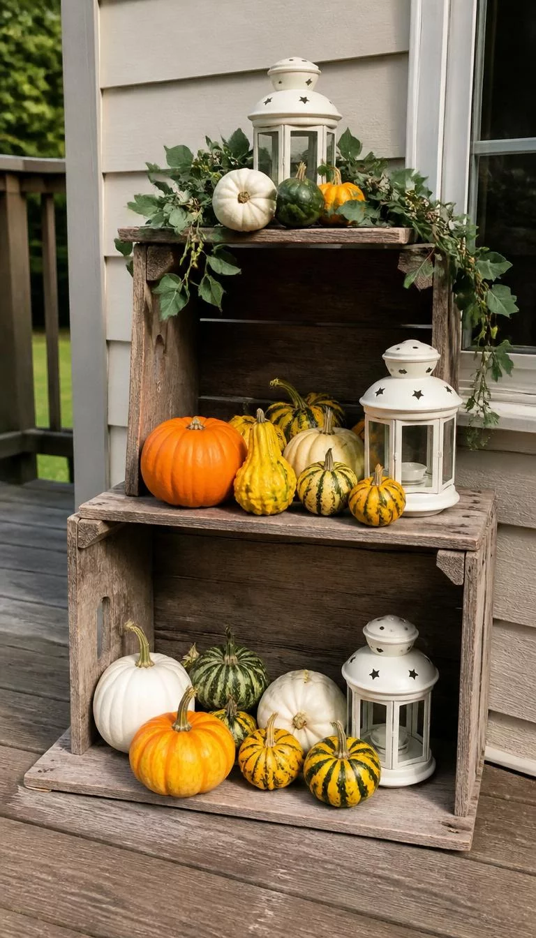 Stacked Crate Pumpkin Stands A super-realistic photo of a stack of three weather-beaten wooden crates on a porch used as a tiered display for colorful gourds and small lanterns, everyday social media post aesthetic, photorealistic, high-quality mobile photography