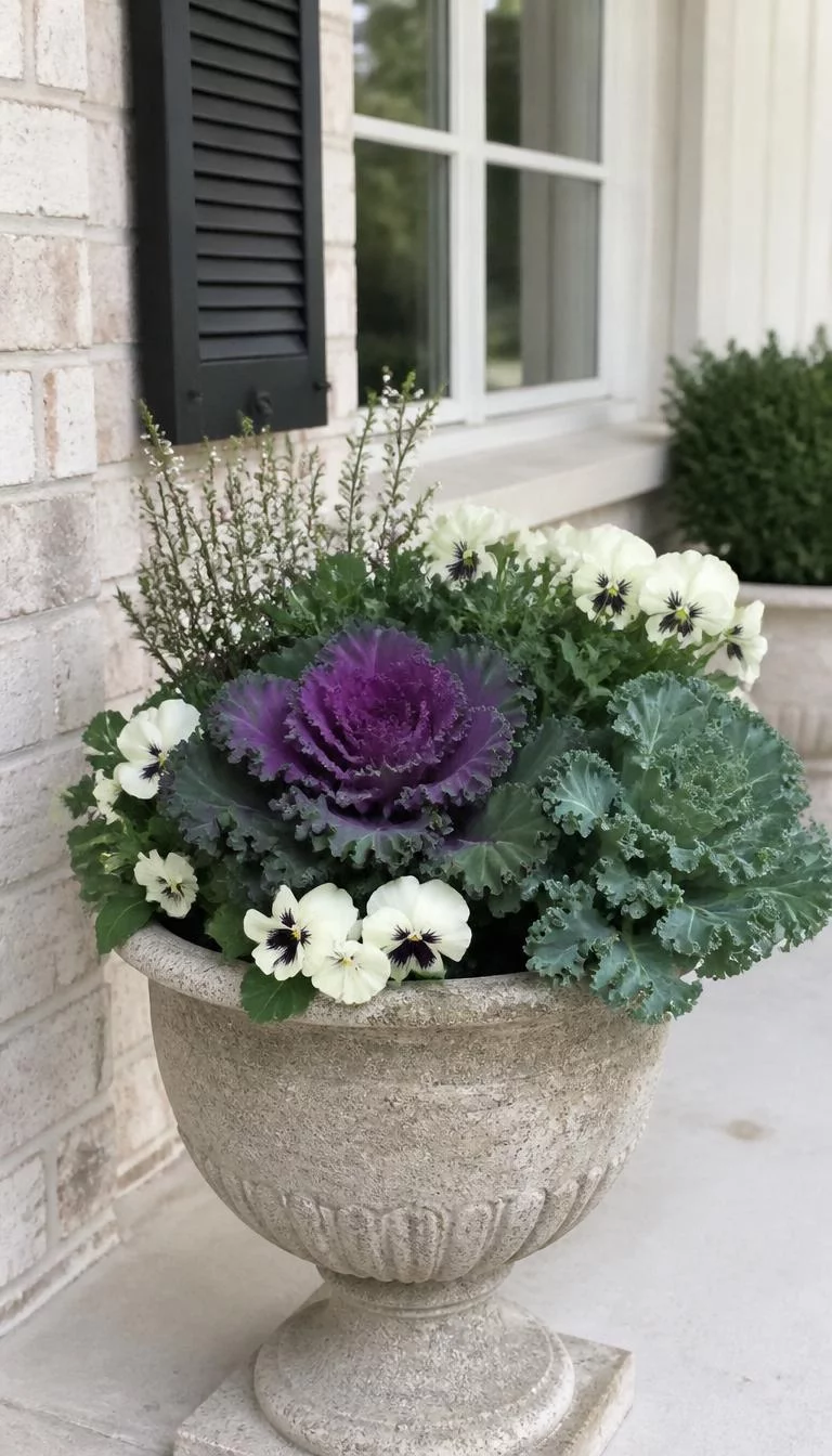 Cabbage and Kale Floral Arrangements A super-realistic photo of a large stone urn on a porch filled with purple ornamental cabbage and frilly green kale plants mixed with white flowers, everyday social media post aesthetic, photorealistic, high-quality mobile photography