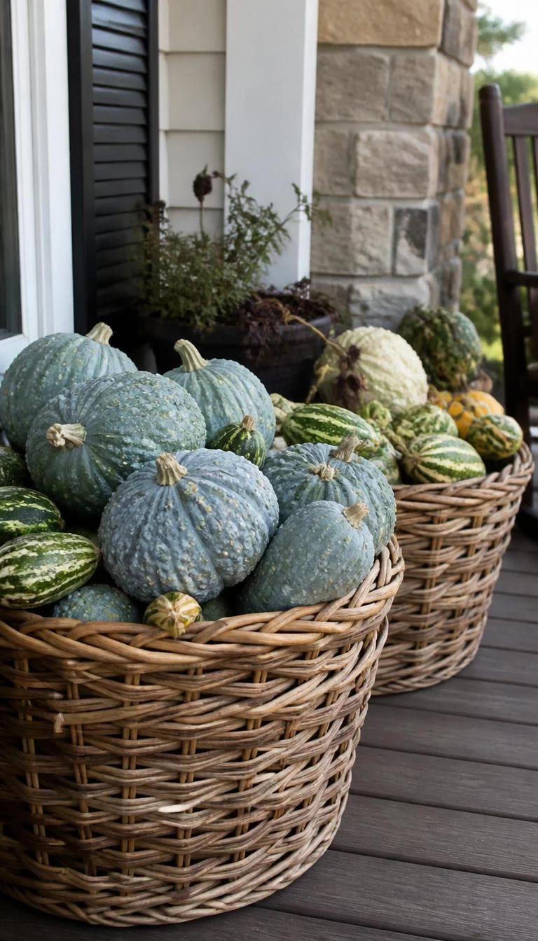 Heirloom Squash In Woven Baskets A super-realistic photo of a porch corner with large wicker baskets overflowing with knobby blue Hubbard squash and green striped gourds, everyday social media post aesthetic, photorealistic, high-quality mobile photography