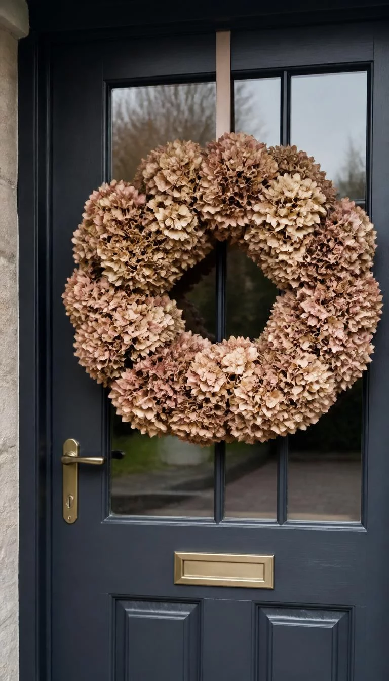 Dried Wreath Made Of Hydrangeas A super-realistic photo of a front door featuring a large full wreath made entirely of dried brown and pale pink hydrangea blooms, everyday social media post aesthetic, photorealistic, high-quality mobile photography