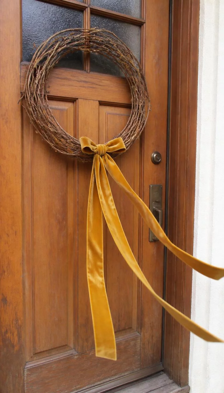 Velvet Ribbon Wreath Details A super-realistic photo of a simple grapevine wreath hanging on a wooden door with long trailing mustard yellow velvet ribbons blowing in the wind, everyday social media post aesthetic, photorealistic, high-quality mobile photography