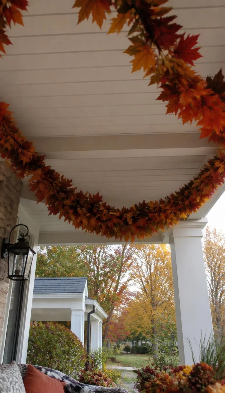 Overhead Hanging Leaf Garlands A super-realistic photo looking up at the porch ceiling where thick garlands of colorful fall maple leaves drape elegantly between the porch beams, everyday social media post aesthetic, photorealistic, high-quality mobile photography