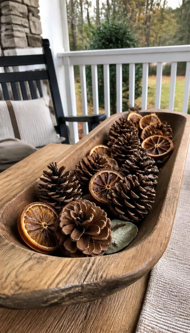 Cinnamon Scented Pinecone Bowls A super-realistic photo of a wooden dough bowl on a porch table filled with large pinecones and dried orange slices emitting a cozy vibe, everyday social media post aesthetic, photorealistic, high-quality mobile photography