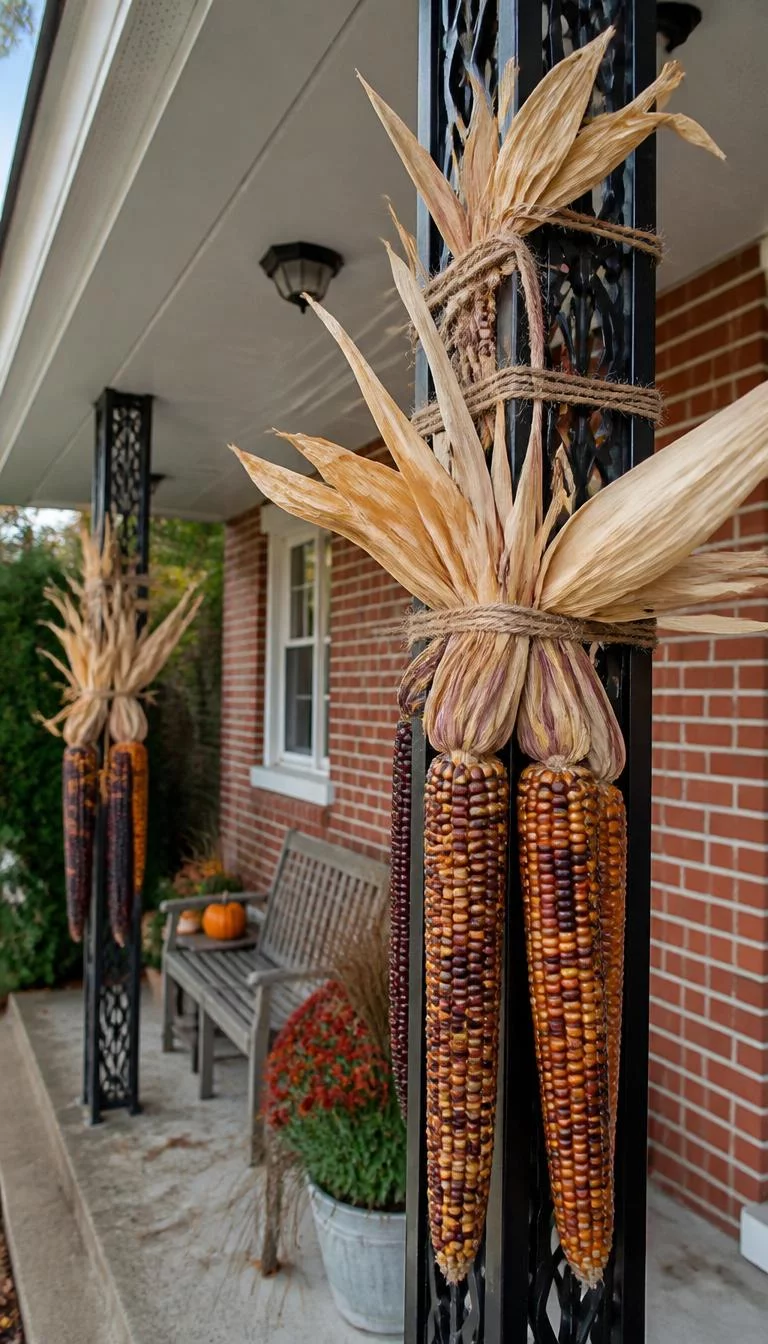 Hanging Dried Corn Huskies A super-realistic photo of a porch entryway with long bundles of dried flint corn and husks tied to black iron pillars using thick twine, everyday social media post aesthetic, photorealistic, high-quality mobile photography