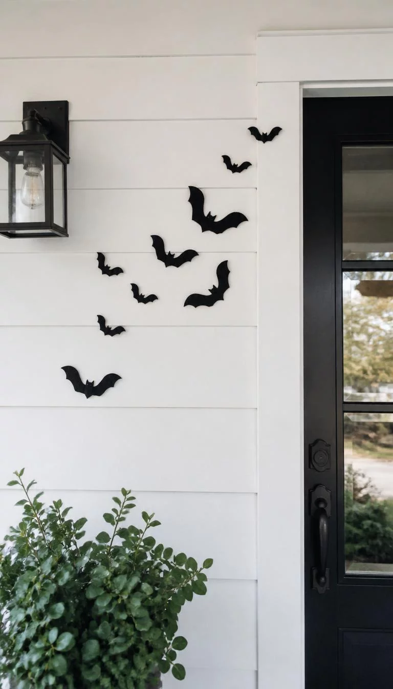 Subtle Bat Silhouettes For Spookiness A super-realistic photo of a white porch wall with several small black felt bat silhouettes arranged as if they are flying toward the door, everyday social media post aesthetic, photorealistic, high-quality mobile photography