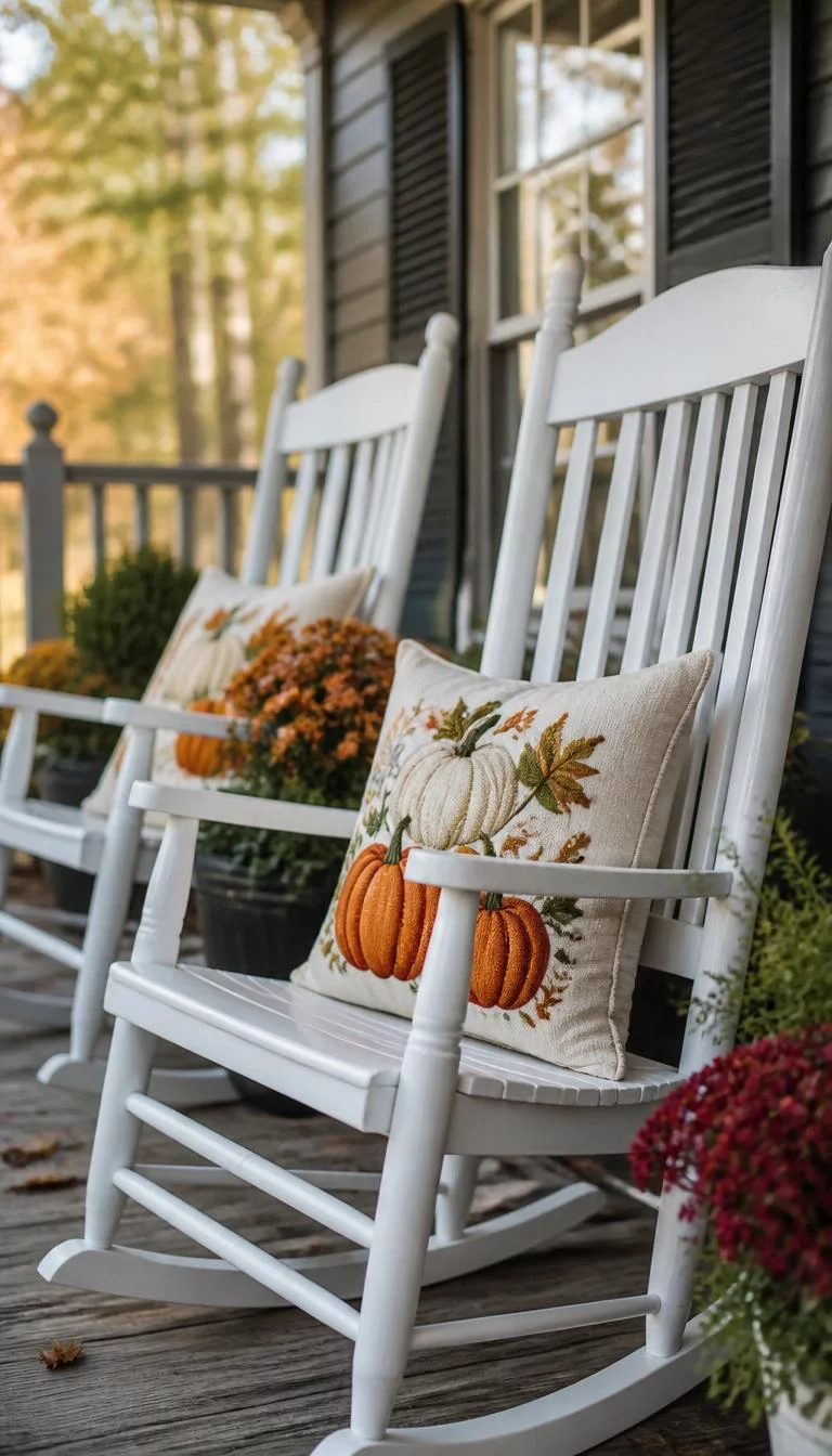Rocking Chairs With Seasonal Pillows A super-realistic photo of white wooden rocking chairs on a porch featuring plump pillows with embroidered pumpkin and autumn leaf designs, everyday social media post aesthetic, photorealistic, high-quality mobile photography