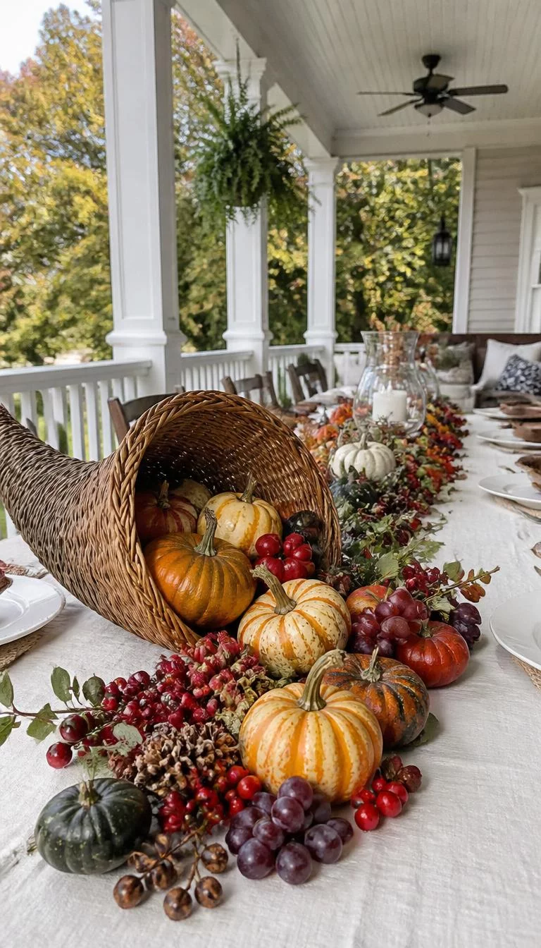 Woven Cornucopia Centerpiece A super-realistic photo of a long porch table with a traditional woven wicker cornucopia spilling over with small gourds, grapes, and red berries, everyday social media post aesthetic, photorealistic, high-quality mobile photography