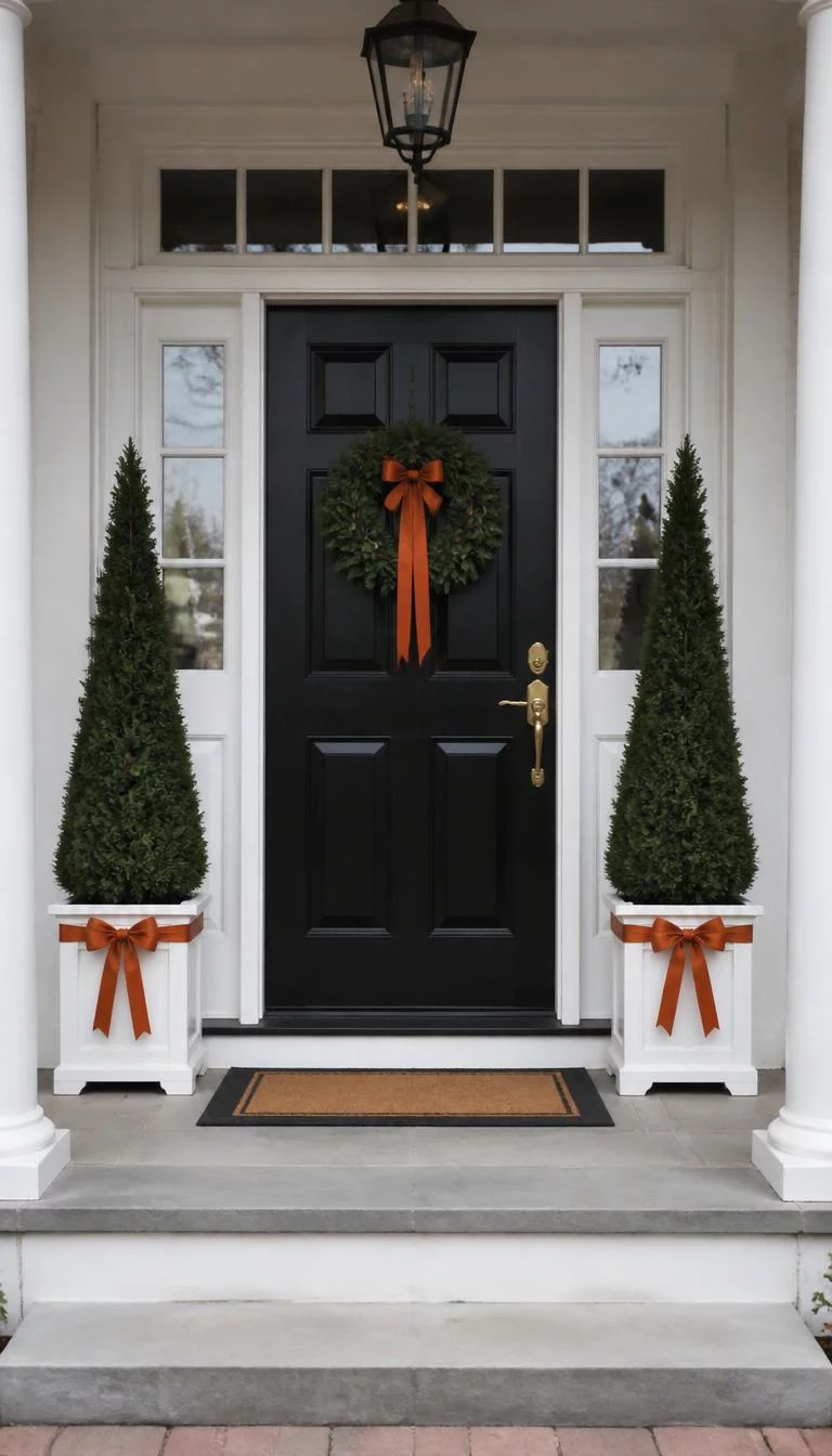 Symmetry With Matching Topiaries A super-realistic photo of a formal front porch with a black door flanked by two identical tall boxwood topiaries in white square planters decorated with orange bows, everyday social media post aesthetic, photorealistic, high-quality mobile photography