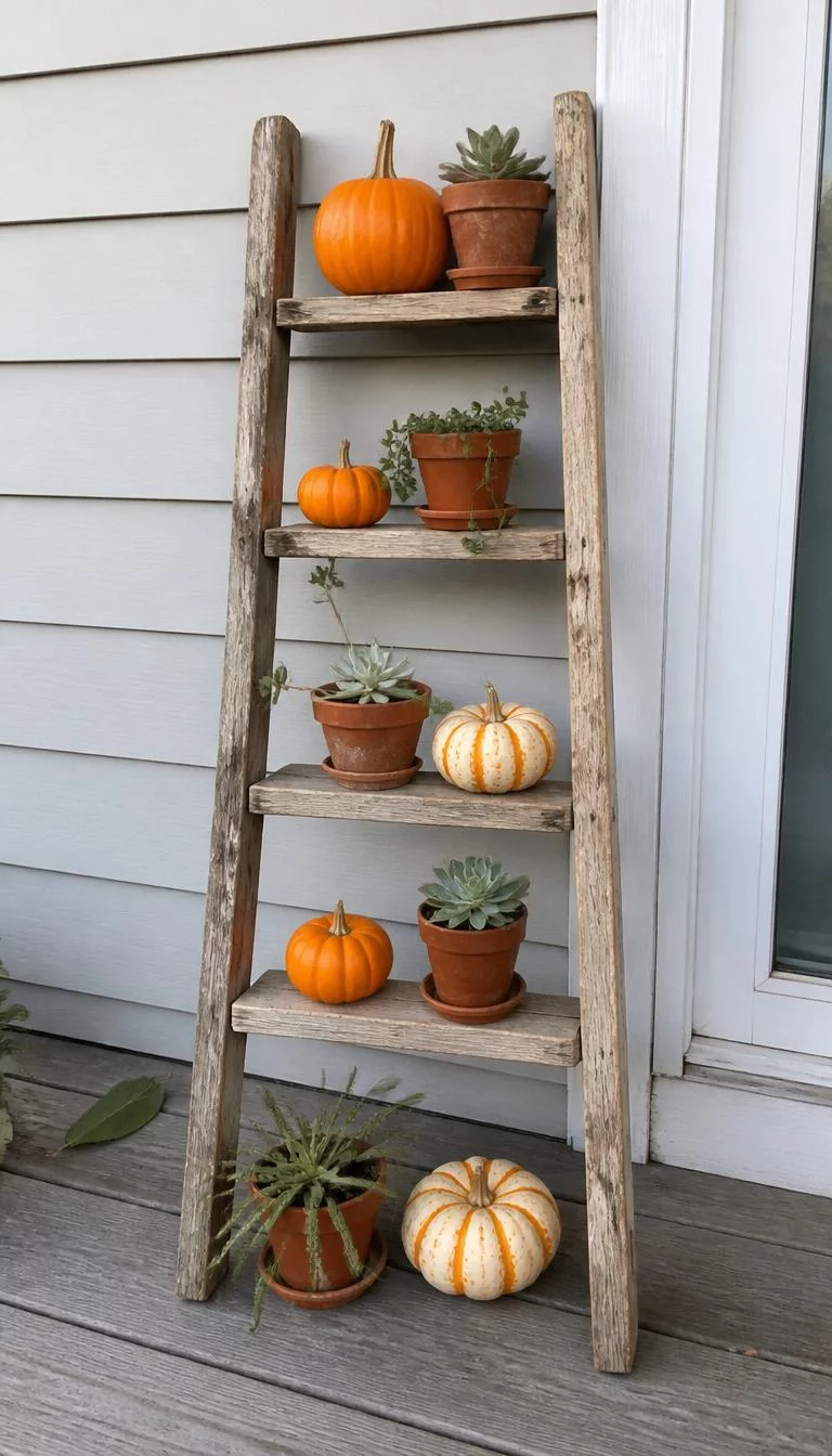 Vintage Wooden Ladder Display A super-realistic photo of a short weathered wooden ladder leaning against a porch wall with small pumpkins and potted succulents perched on each step, everyday social media post aesthetic, photorealistic, high-quality mobile photography