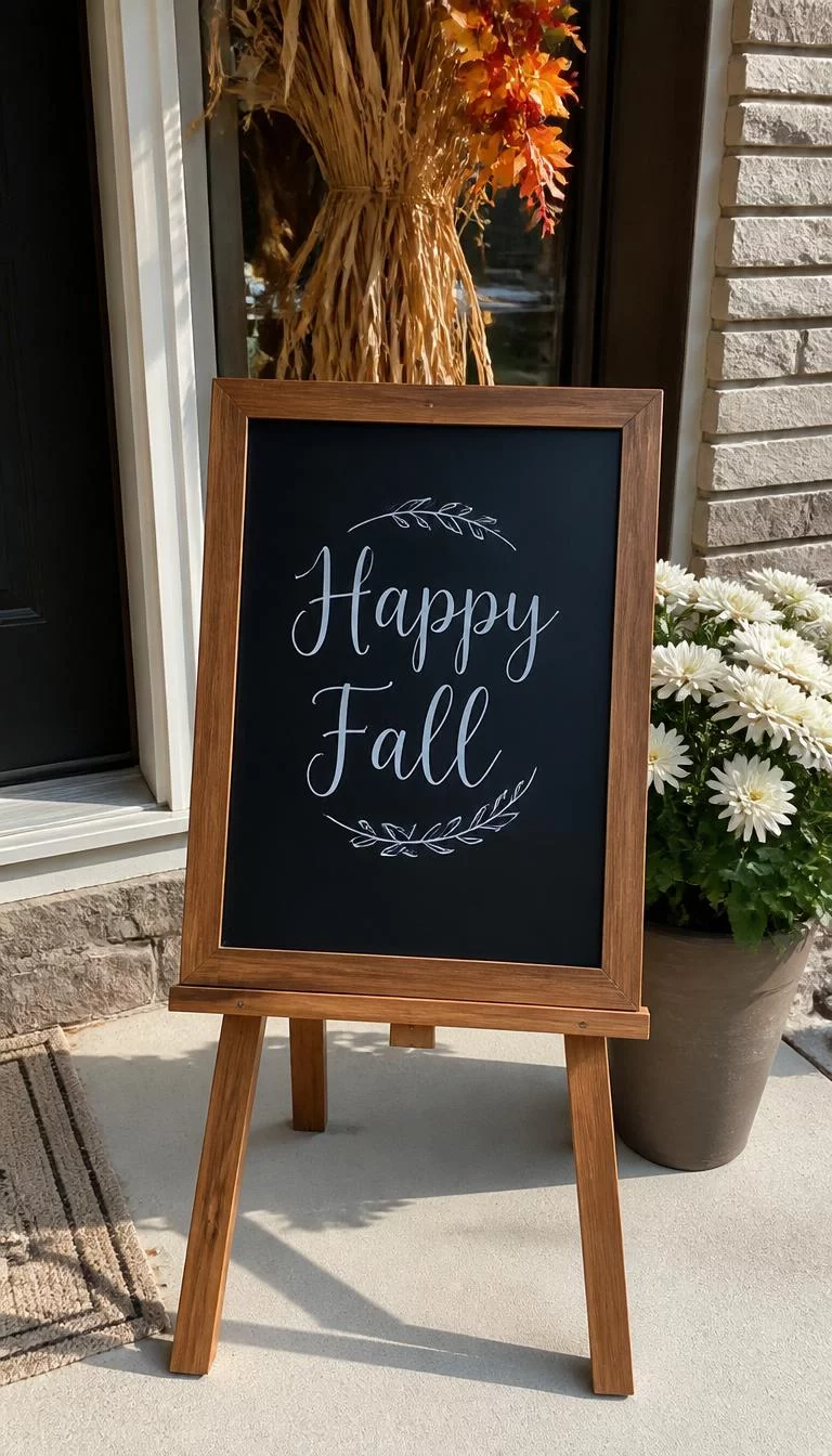 Black Board Welcome Messages A super-realistic photo of a small black chalkboard on a wooden easel standing on a porch with the words 'Happy Fall' written in beautiful white calligraphy, everyday social media post aesthetic, photorealistic, high-quality mobile photography
