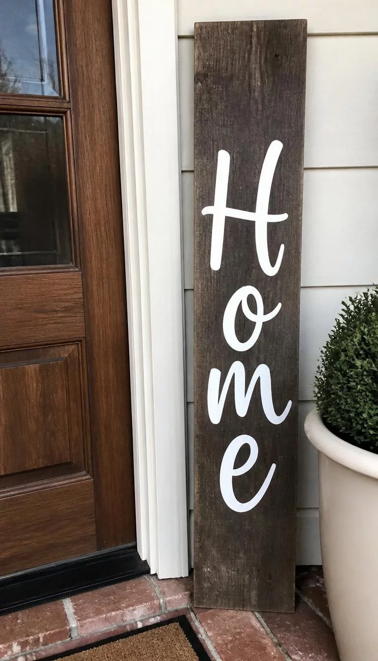 A super-realistic photo of a tall vertical sign made of dark reclaimed wood with the word 'Home' hand-painted in white script standing next to a front door, everyday social media post aesthetic, photorealistic, high-quality mobile photography