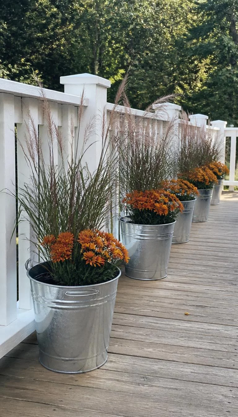 Galvanized Metal Buckets For Planters A super-realistic photo of a series of shiny galvanized metal pails holding tall ornamental grasses and orange flowers lined up along a porch railing, everyday social media post aesthetic, photorealistic, high-quality mobile photography