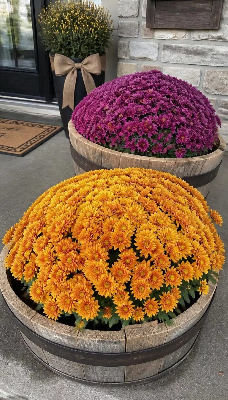 Cascading Mums In Wooden Barrels A super-realistic photo of half-cut wine barrels on a porch filled with overflowing golden yellow and deep purple chrysanthemums, everyday social media post aesthetic, photorealistic, high-quality mobile photography