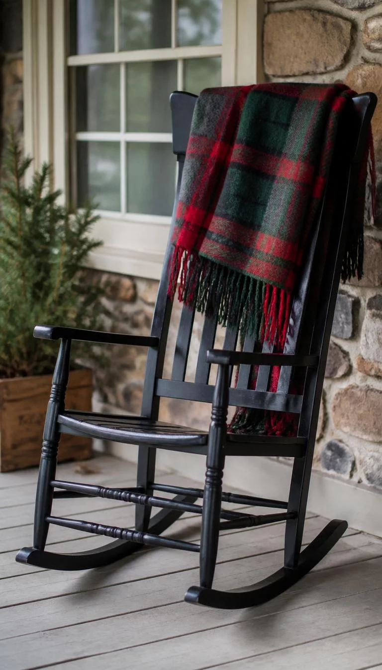 Cozy Plaid Throw Blankets On Seating A super-realistic photo of a black rocking chair on a porch with a thick wool plaid blanket in forest green and red draped over the back, everyday social media post aesthetic, photorealistic, high-quality mobile photography