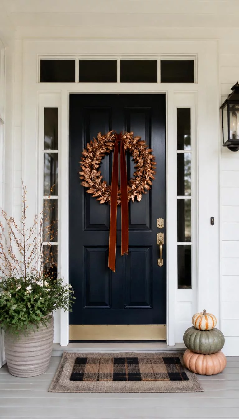 Metallic Copper Foliage Accents A super-realistic photo of a sleek porch featuring a dark navy door adorned with a wreath made of shiny copper leaves and velvet ribbons, everyday social media post aesthetic, photorealistic, high-quality mobile photography