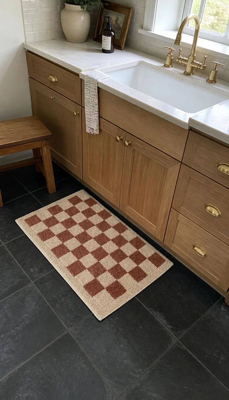 Checkered Linen Floor Mats A super-realistic photo of a small checkered floor mat in cream and rust colors placed in front of a kitchen sink, the fabric looks soft and textured, the surrounding floor is dark slate tile, a wooden footstool sits in the corner, everyday social media post aesthetic, photorealistic, high-quality mobile photography, shot on an iPhone 14