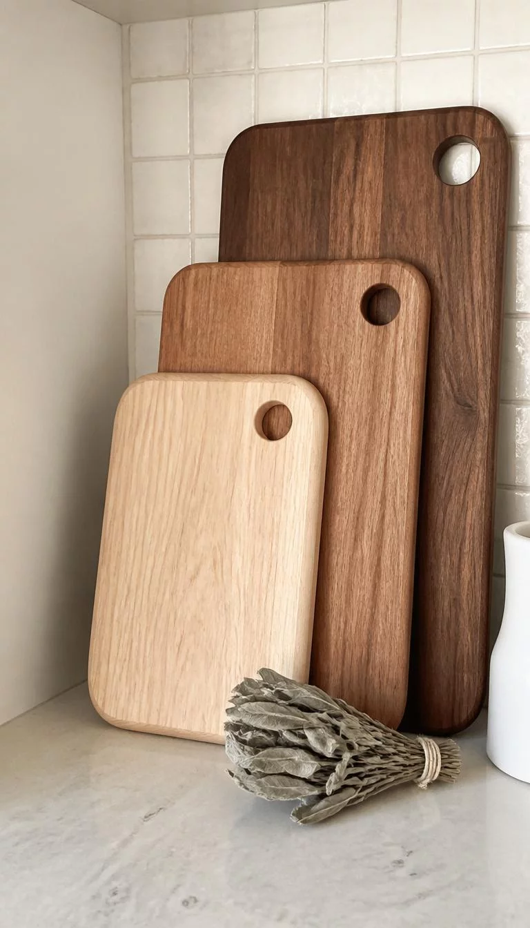 Wooden Cutting Board Stacks A super-realistic photo of three different sized wooden cutting boards leaning against a kitchen backsplash, the wood grains vary from light maple to dark walnut, a small bunch of dried sage sits in front, everyday social media post aesthetic, photorealistic, high-quality mobile photography, shot on an iPhone 14