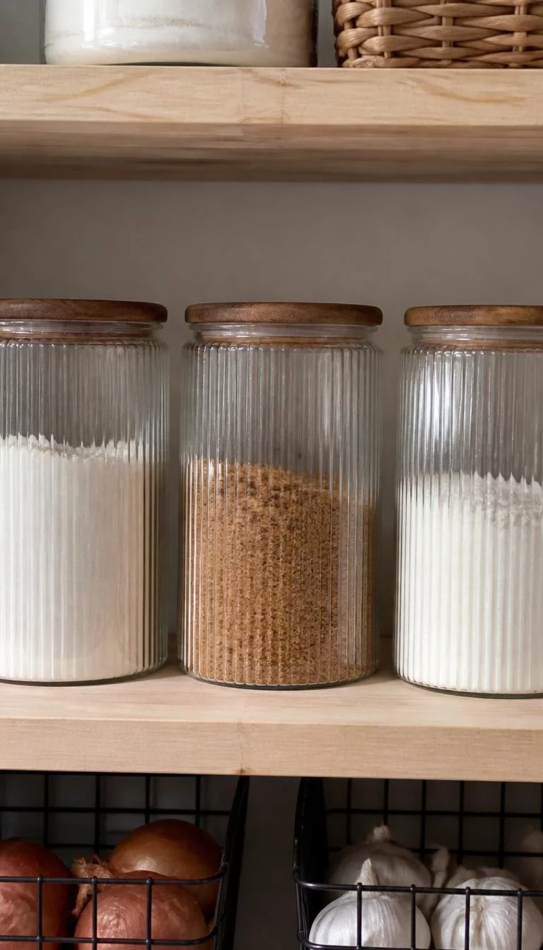 Ribbed Glass Canisters A super-realistic photo of three ribbed glass canisters with wooden lids sitting on a pantry shelf, the canisters are filled with flour and brown sugar, the texture of the glass creates beautiful vertical lines, everyday social media post aesthetic, photorealistic, high-quality mobile photography, shot on an iPhone 14