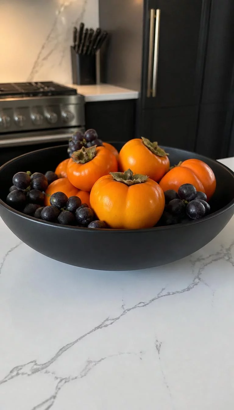 Matte Black Fruit Bowls A super-realistic photo of a large matte black ceramic bowl filled with bright orange persimmons and dark grapes, the bowl sits on a white marble island, the contrast is sharp and modern, everyday social media post aesthetic, photorealistic, high-quality mobile photography, shot on an iPhone 14