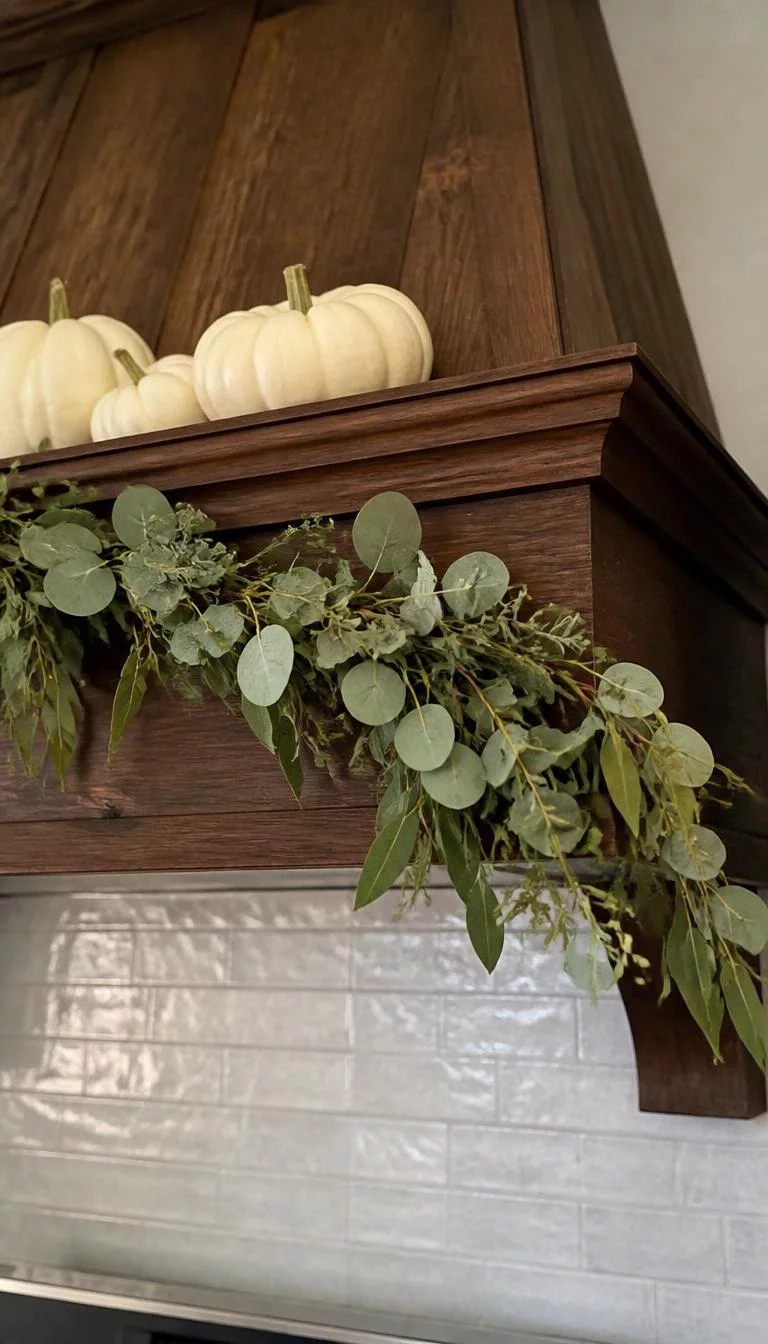 Dried Eucalyptus Garlands A super-realistic photo of a long garland made of dried eucalyptus and bay leaves draped over a rustic wooden range hood, the muted silvery green leaves contrast with the dark wood, a few small white pumpkins sit on the ledge above, everyday social media post aesthetic, photorealistic, high-quality mobile photography, shot on an iPhone 14