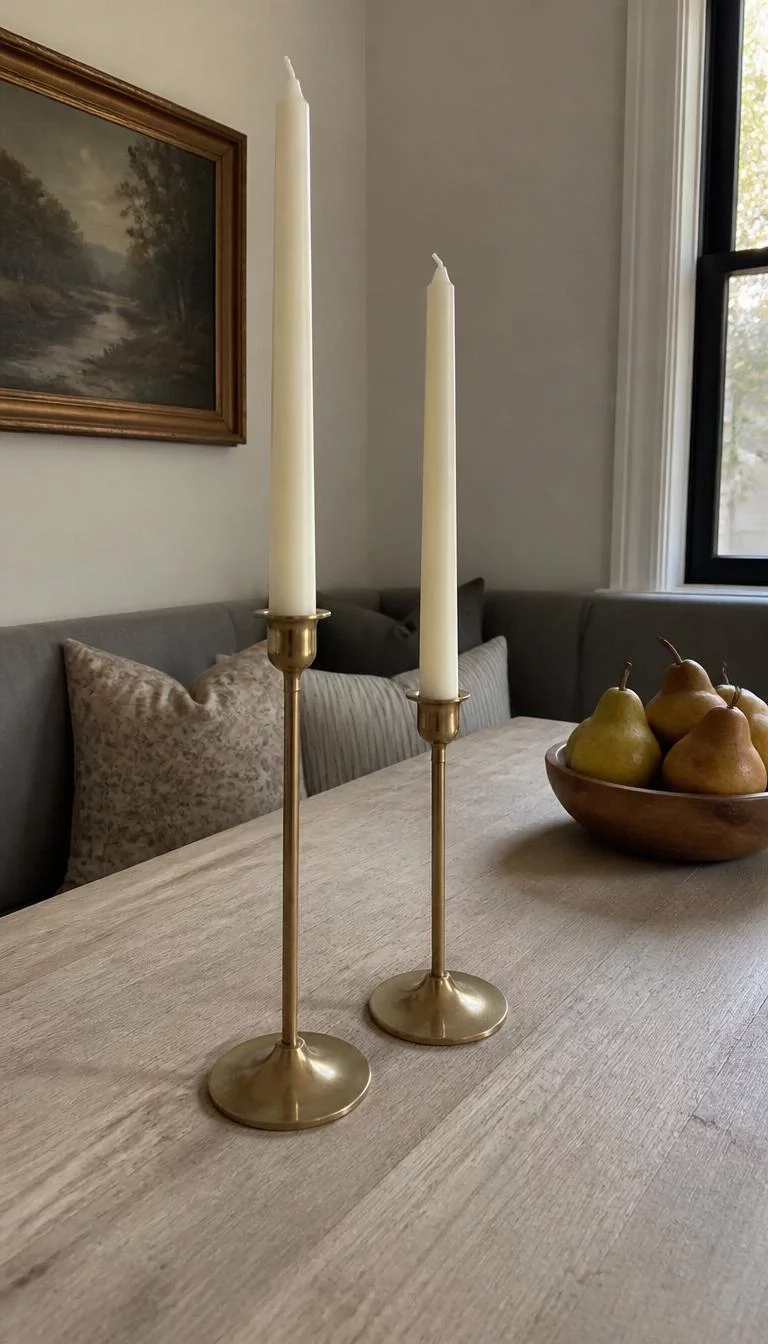 Brass Taper Candle Holders A super-realistic photo of two slim brass candle holders with tall cream taper candles sitting on a kitchen dining nook table, the brass has a slight patina, a small bowl of pears sits in the background, everyday social media post aesthetic, photorealistic, high-quality mobile photography, shot on an iPhone 14