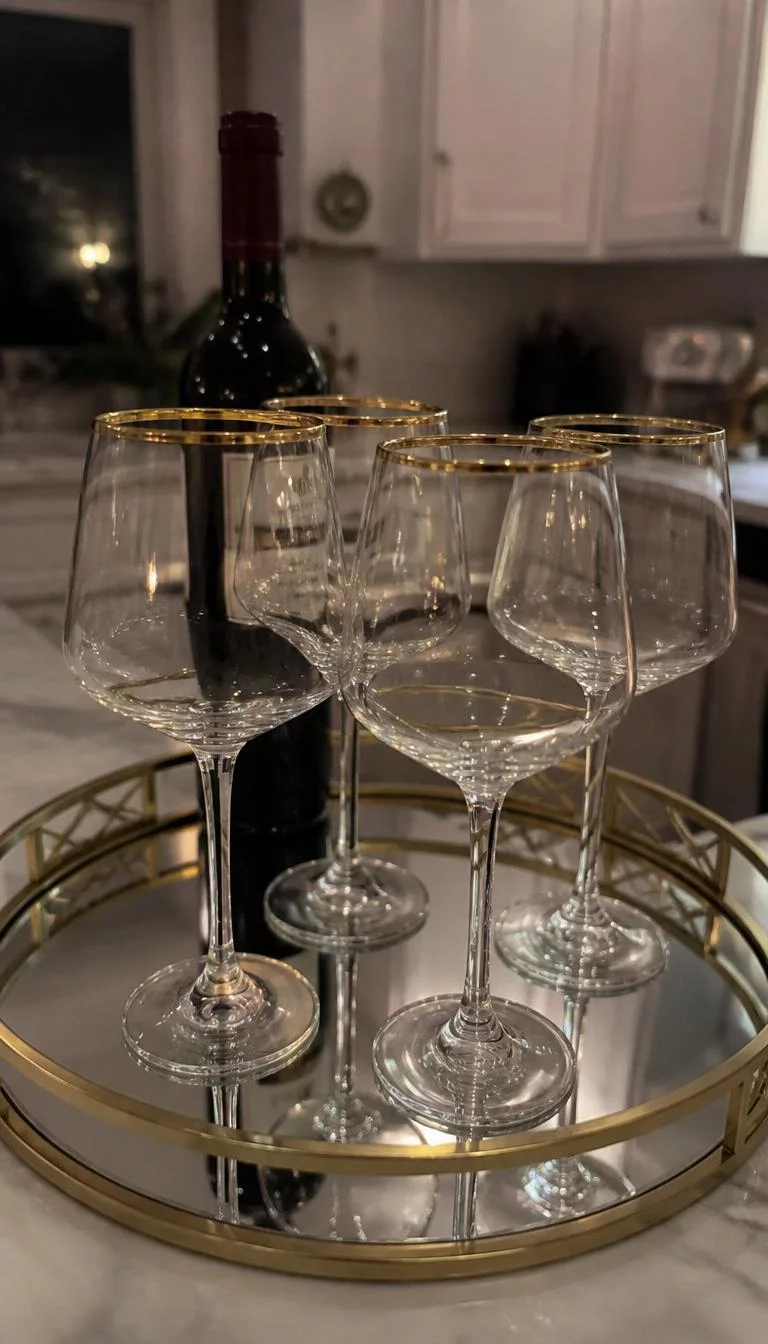 Gold Rimmed Wine Glasses A super-realistic photo of four gold rimmed wine glasses sitting on a mirrored bar tray, the light catches the metallic edges, a bottle of red wine stands behind them, the background is a blurred kitchen setting, everyday social media post aesthetic, photorealistic, high-quality mobile photography, shot on an iPhone 14