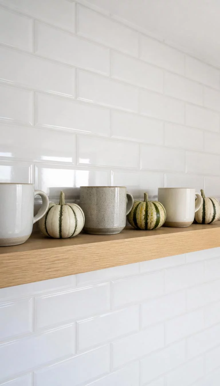 Floating Wood Shelves With Gourds A super-realistic photo of a single floating light wood shelf against a white tiled wall, several small white and green striped gourds sit nestled between ceramic mugs, the lighting is bright and airy, everyday social media post aesthetic, photorealistic, high-quality mobile photography, shot on an iPhone 14