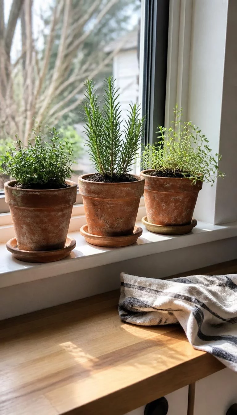 Terracotta Herb Pots A super-realistic photo of a kitchen windowsill featuring three aged terracotta pots containing fresh rosemary and thyme, the sun hits the orange clay perfectly highlighting the weathered texture, a linen tea towel rests nearby on a butcher block island, everyday social media post aesthetic, photorealistic, high-quality mobile photography, shot on an iPhone 14