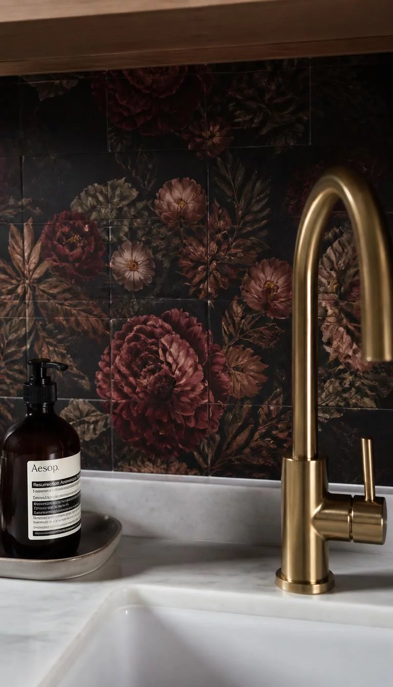 Dark Floral Peel And Stick Backsplash A super-realistic photo of a small section of kitchen backsplash featuring a dark moody floral pattern with deep reds and greens, a brass faucet is visible in the foreground, the lighting is soft and atmospheric, everyday social media post aesthetic, photorealistic, high-quality mobile photography, shot on an iPhone 14