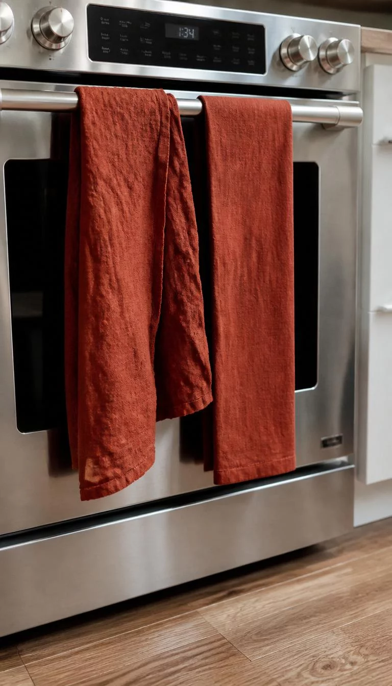 Burnt Sienna Tea Towels A super-realistic photo of two linen tea towels in a deep burnt sienna color hanging from the oven handle, the fabric has a natural crinkled texture, the oven is stainless steel, a wooden floor is visible below, everyday social media post aesthetic, photorealistic, high-quality mobile photography, shot on an iPhone 14