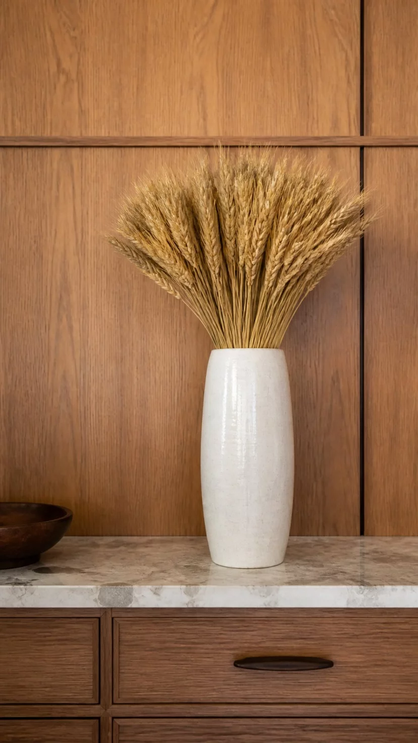 A super-realistic photo of a tall white ceramic vase filled with a large bunch of dried golden wheat stalks, the vase sits on a kitchen sideboard, the background features a warm wood wall, everyday social media post aesthetic, photorealistic, high-quality mobile photography, shot on an iPhone 14