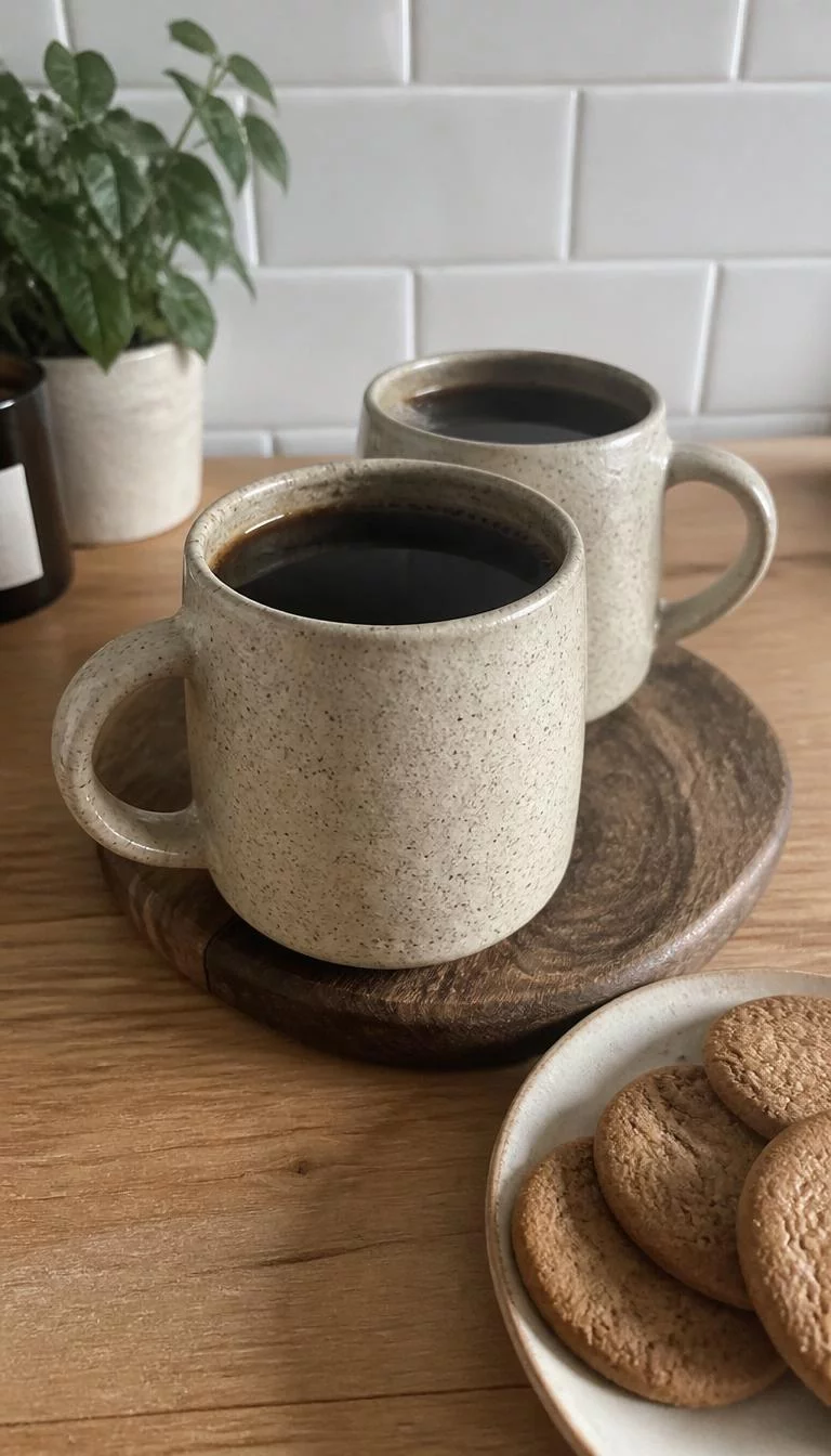 Handmade Ceramic Coffee Mugs A super-realistic photo of two oversized handmade ceramic mugs with a speckled beige glaze sitting on a wooden coaster, steam rises from the dark coffee inside, a small plate of gingersnap cookies is next to them, everyday social media post aesthetic, photorealistic, high-quality mobile photography, shot on an iPhone 14