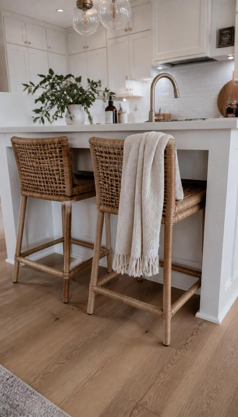 Woven Rattan Counter Stools A super-realistic photo of two woven rattan counter stools tucked under a white kitchen island, the natural tan fiber contrasts with the crisp white paint, a cozy wool throw blanket is draped over one stool, everyday social media post aesthetic, photorealistic, high-quality mobile photography, shot on an iPhone 14