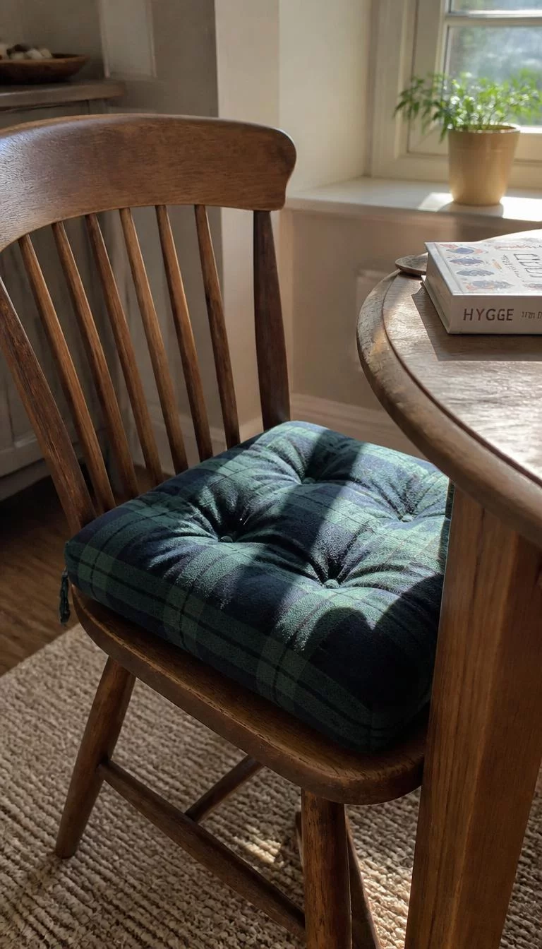 Plaid Wool Seat Cushions A super-realistic photo of a wooden dining chair in a kitchen breakfast nook with a thick plaid wool cushion in navy and green, the sunlight streams across the fabric, a book sits on the table nearby, everyday social media post aesthetic, photorealistic, high-quality mobile photography, shot on an iPhone 14