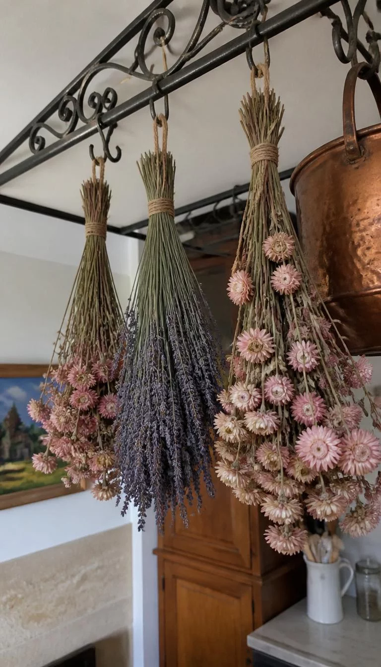 Hanging Dried Flower Bundles A super-realistic photo of three bundles of dried lavender and strawflowers hanging upside down from a wrought iron pot rack, the colors are muted pinks and purples, a copper pot hangs nearby, everyday social media post aesthetic, photorealistic, high-quality mobile photography, shot on an iPhone 14