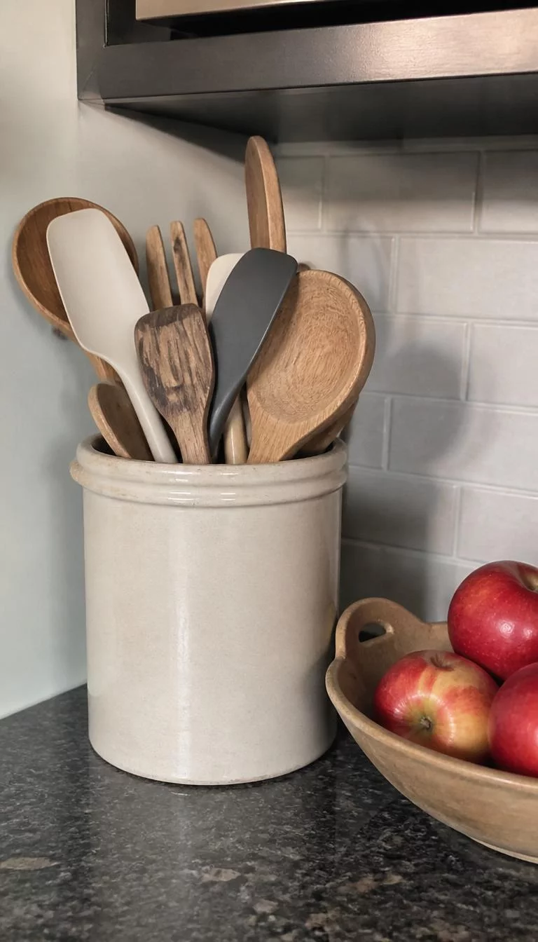 Stoneware Crocks For Utensils A super-realistic photo of a heavy cream colored stoneware crock filled with wooden spoons and silicone spatulas, the crock sits on a dark granite countertop next to a bowl of red apples, everyday social media post aesthetic, photorealistic, high-quality mobile photography, shot on an iPhone 14