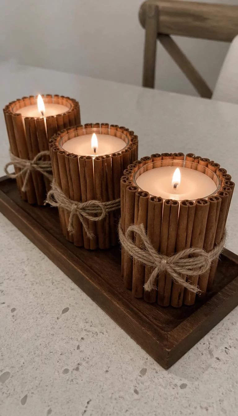 Cinnamon Stick Votive Wraps A super-realistic photo of three glass votive candles wrapped in cinnamon sticks and secured with twine, the candles sit on a small wooden tray, the wax is white and the flame is small, everyday social media post aesthetic, photorealistic, high-quality mobile photography, shot on an iPhone 14