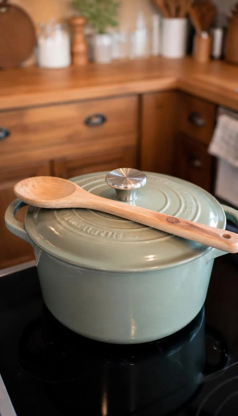Muted Sage Green Dutch Oven A super-realistic photo of a large sage green enameled cast iron Dutch oven sitting on a black stovetop, a wooden spoon rests on the lid, the kitchen background is softly blurred with warm wooden tones, everyday social media post aesthetic, photorealistic, high-quality mobile photography, shot on an iPhone 14
