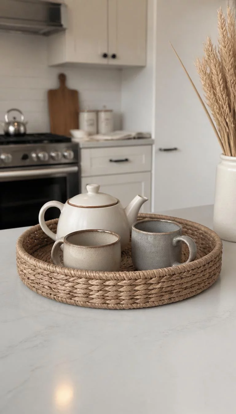 Woven Seagrass Serving Trays A super-realistic photo of a round seagrass tray sitting on a kitchen island, the tray holds a ceramic teapot and two mismatched stoneware mugs, a small vase of dried wheat stalks stands in the corner of the frame, everyday social media post aesthetic, photorealistic, high-quality mobile photography, shot on an iPhone 14